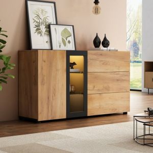 Buffet bas 140x40x80cm Buffet moderne Meuble de rangement salon avec lumière LED 3 tiroirs 3 compartiment 1 porte