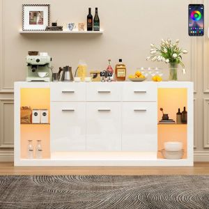 Buffet Salon Blanc Laqu&eacute; 160 &times; 40 &times; 75 cm avec LED 3 Tiroirs 4 Niche de Rangement Verre &Eacute;tag&egrave;res Buffet Bas Brillant Moderne