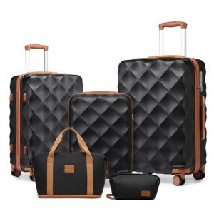 British Traveller Set de 5 Valises de Voyage (53/61/73cm) + Vanity Case Rigide + Sac de Voyage avec Trousse de Maquillage Noir