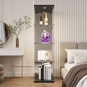 Vitrine en Verre MiroirVitrine Armoire pour Collection avec Portes&Eacute;clairage LED1 porte 4 &eacute;tagesetet Serrure44&times;15&times;167cmNoir