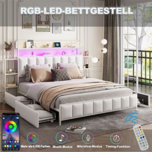 Lit 2 Personnes pour Adulte Lit 160x200 avec Rangement et LED Tête de Lit avec étagères Revêtement en Similicuir Metal Blanc