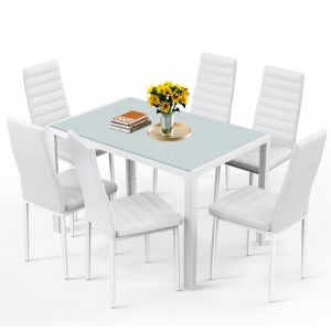 Table à Manger avec Chaises - Bealife - 1 Table en Verre - 6 Chaises en Cuir PU - Dossier - Patte Metal - Pied en Caoutchouc -Blanc