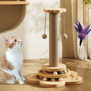4 en 1 Arbre &agrave; Chat en Bois - Griffoir pour Chat avec Boules Suspendues et Jouets InteractifsPetit Arbre &agrave; avec Griffoir(29 *