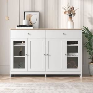 Buffet bahut - Armoire de salon - Armoire moderne - 4 portes 3 tiroirs - Portes en verre - Blanc - 120*37*80cm