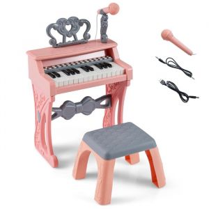 Piano pour Enfants 25 Touches avec Tabouret Portable COSTWAY-MicrophonePupitre-Pieds D&eacute;tachables-Double Alimentation-sans BPA-Rose