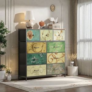 Commode 9 Tiroirs en Tissu - Commode de Chambre - Meuble de Rangement avec Structure en M&eacute;tal - Meuble Salon Rangement -Multicolore