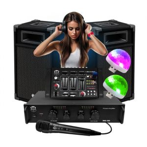 Kit Complet SONO 300W Bm Sonic BMS-DJ300 Initiation DJ Enceintes Ampli Table de Mixage Bluetooth USB Micro 2 Mini Lumi&egrave;res LED