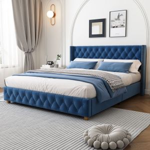 Lit capitonné 160x200 confort velours bleu lit double tête de lit capitonnée sommier inclus détails cloutés pieds bois massif