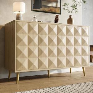 Buffet Bahut Moderne 120&times;35&times;78cm - OKWISH - 4 Portes Gaufr&eacute;es et &Eacute;tag&egrave;re R&eacute;glable - Couleur Bois - Contemporain