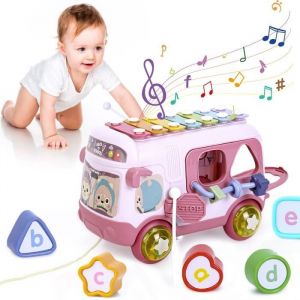 Jouet Musical B&eacute;b&eacute; Bus avec Xylophone Jouet Interactifs Jouets dactivit&eacute; B&eacute;b&eacute; Rampant pour Enfants (Rose)