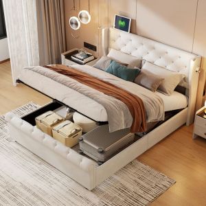 Lit coffre 140x190 cmLit adulte avec sommier et coffre de rangementTête de lit avec lampe de lectureLit Double en Velours Beige