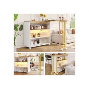SogesHome Table de bar extensible avec espace de rangement table de bar télescopique avec LED138-204×39×105cmBlanc