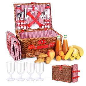 Panier de Pique Nique pour 4 Personnes Rose Panier Pique Nique en Osier avec Couverture Pique-Nique Imperm&eacute;able et Couverts