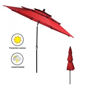COSTWAY Parasol 3M Auto-inclinable à 3 Niveaux avec Double Ventilation Fonctionnement avec Manivelle Poteau en Aluminium Vin Rouge