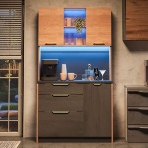 Meuble Haut de Cuisine Buffet 100x40x180 cm avec &Eacute;clairage LED Plan de Travail Noir 3 Tiroirs + Rangement &Eacute;tag&egrave;re - Effet B&eacute;ton