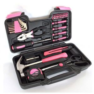 Bo&icirc;te &agrave; Outils Rose 39 pi&egrave;ces pour Femmes Kit de Bricolage Complet et Portable avec Pince Marteau Tournevis