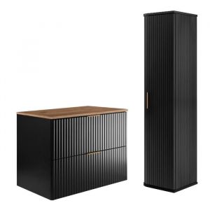 Ensemble de Meubles de Salle de Bain FLOW - Meuble pour Vasque à Poser 80 cm / Armoire Murale 139 cm - avec plan de travail - Noir