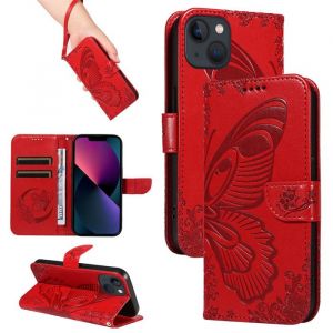 Papillons Housse Pour iPhone 13 Mini Etui Portefeuille Antichoc Housse avec Porte-Cartes Fonction de Support Rouge