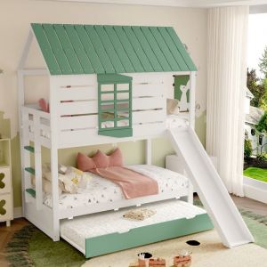 Lit enfant superpos&eacute; cabane 90x190/200 cm avec toboggan et lit gigogne barri&egrave;res de s&eacute;curit&eacute; bois blanc/vert