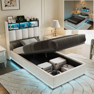 Lit 90x200 Coffre Led -2 USB/Type-C -T&ecirc;te de Lit Capitonn&eacute; avec Rangement -Cadre de Lit 1 place avec Sommier - Velours -Blanc