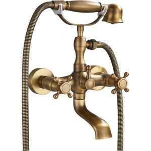 Mitigeur Baignoire Retro avec Double Poignée Mitigeur de Bain Retro Robinet Douche en Laiton Robinet Baignoire avec Douchette à
