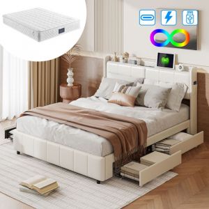 Lit capitonn&eacute; 160x200 cm avec matelas LUMINARIX lit double 160x200 cm avec 4 tiroirsUSB et type C sommier &agrave; lattesBlancPU