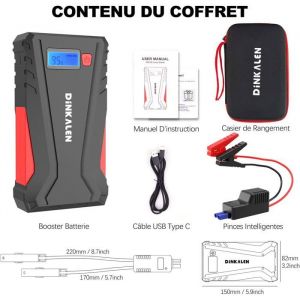 Booster de Batterie Voiture DINKALEN 12800mAh 1500A - Démarreur Portable Moto/Voiture (6.0L Essence/5.0L Diesel) - Ecran LCD