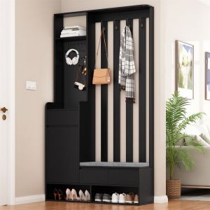 Meuble Porte-Manteau et Chaussures Vestiaire dentr&eacute;e Moderne avec Banc Rembourr&eacute;Meuble Entree 4 CrochetsNoirBois180&times;100&times;35cm