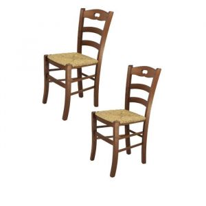 Tommychairs - Set 2 chaises cuisine SAVOIE robuste structure en bois de hêtre peindré en couleur noyer et assise en paille