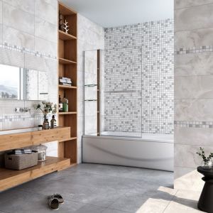 Pare baignoire chrom&eacute; pivotant L.100 x 140 cm avec 2 &eacute;tag&egrave;res et porte-serviette - 6mm verre s&eacute;curit&eacute;