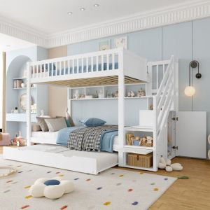 Lit superposé 3 places enfant 90x200 cm Lit triple en bois avec lit gigogne étagères escaliers de rangement et amoire - blanc