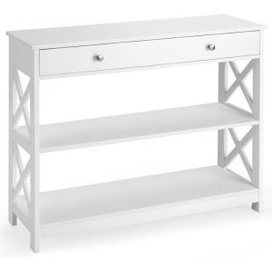 LIFEZEAL Table Console Extensible avec Tiroir et 2 Étagères de Rangement Table d’Appoint Solide et Stable 100 x 30 x 80 CM Blanc
