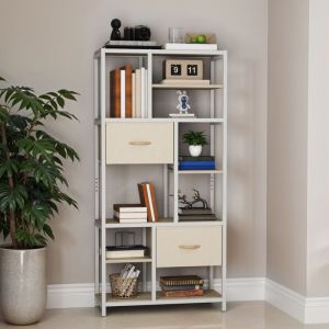 YITAHOME Bibliothèque à 7 Étagères avec Tiroirs Étagère du Sol au Plafond Étagère à Livres Étagère en Acier Beige