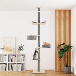 Arbre &agrave; Chat Multi-Niveaux 236-271cm COSTWAY du Sol au Plafond Hauteur Ajustable Perchoir Lit Douillet Hamac Poteaux &agrave; Griffer