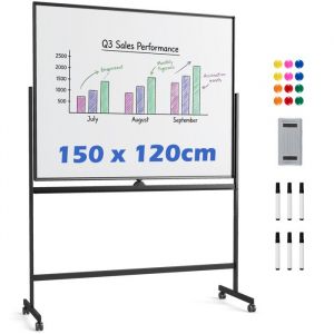 Tableau Blanc Magn&eacute;tique Mobile 150x120cm Double Face COSTWAY-2 Hauteurs R&eacute;glables-Effa&ccedil;able &agrave; Sec-Aluminium-Plateau &agrave; Stylos-Noir