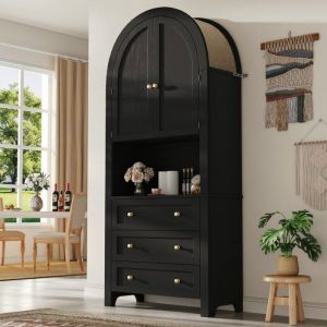Vitrine Meuble de rangement haut arqué avec tiroirs et portes porte de rangement haut arqué indépendante pour cuisine noir + MDF