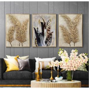 Lot de 3 posters de qualit&eacute; sup&eacute;rieure - Motif feuilles dor&eacute;es - Plumes - D&eacute;coration murale - Tableau sur toile -Sans cadre -