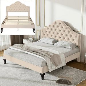 Lit 140x190 cm avec tête de lit réglable en hauteur lit capitonné 140x190 cm avec sommier à lattes tissu en velours beige