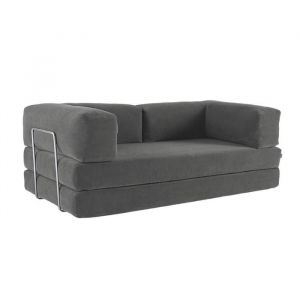 Canap&eacute; vintage convertible 3 places en velours c&ocirc;tel&eacute; gris et armatures chrom&eacute;es L 200 x P 100 x H 72cm - Seventies