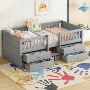 Lit mi-hauteur enfant 90x200cm Lit mezzanine en bois avec 4 tiroirs balustrade échelle et sommiers à lattes - gris