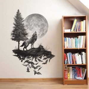Stickers Muraux Loup Autocollant Mural Lune Arbres Noir Amovible Deco Stickers Chambre Enfant Bébé Salon Decoration