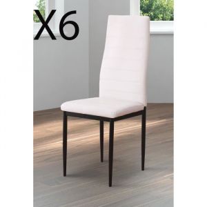 Lot de 6 chaises de Salle &agrave; Manger en PU Coloris Blanc Pieds chrom&eacute; Noir - Longueur 405 x Profondeur 49 x Hauteur 96 cm