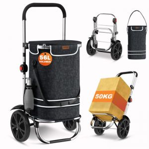 Chariot de Courses &agrave; Roulettes 56 L - 2 en 1 Diable Caddie &agrave; 2 Roues avec Cadre en Alliage dAluminium et Sac Imperm&eacute;able Amovible
