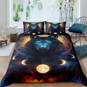 Attrappe r&ecirc;ves loup galaxie plan&egrave;tes Parure de lit 3 pieces 1 housse de couette 220*240cm et 2 taies doreillers 63*63cm