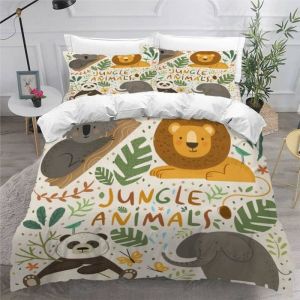 Housse de Couette 140x200cm Enfant Parure de Lit Panda Lion Animaux De La Jungle Housse Couette  2 Taies dOreillers 50x75cm