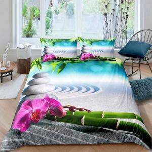 Parure de lit - MOUTON MAISON DECO - Zen Bambous pierres fleurs - Vert gris carmin blanc - Microfibre- 220x240 cm