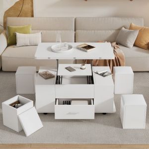 Table basse relevable 100x50x45cm Table basse extensible salon avec 1 tiroirs 4 tabourets de rangement et 4 roulettes - blanc