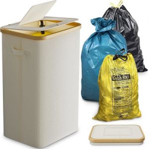 Support Pour Sac Poubelle Jaune Stable Avec Couvercle &ndash; Grande Poubelle Rectangulaire De 100 Litres Blanche &ndash; Id&eacute;ale Pour La Cuisi