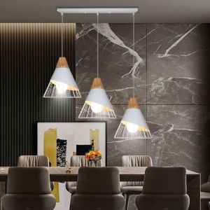 SNOGOLD Lustre Vintage Industriel E27 Luminaire Suspension Bois Métal Plafonnier Forme de Cage Cône Blanc pour Salon Couloir