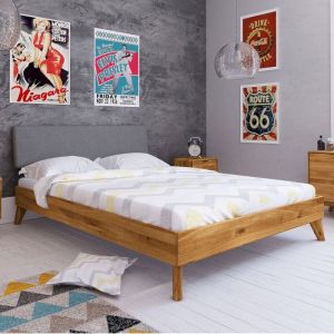 Lit en ch&ecirc;ne massif avec t&ecirc;te de lit en tissu 160x200 - LT36010 - Bois naturel - Garantie 10 ans - Terre de Nuit